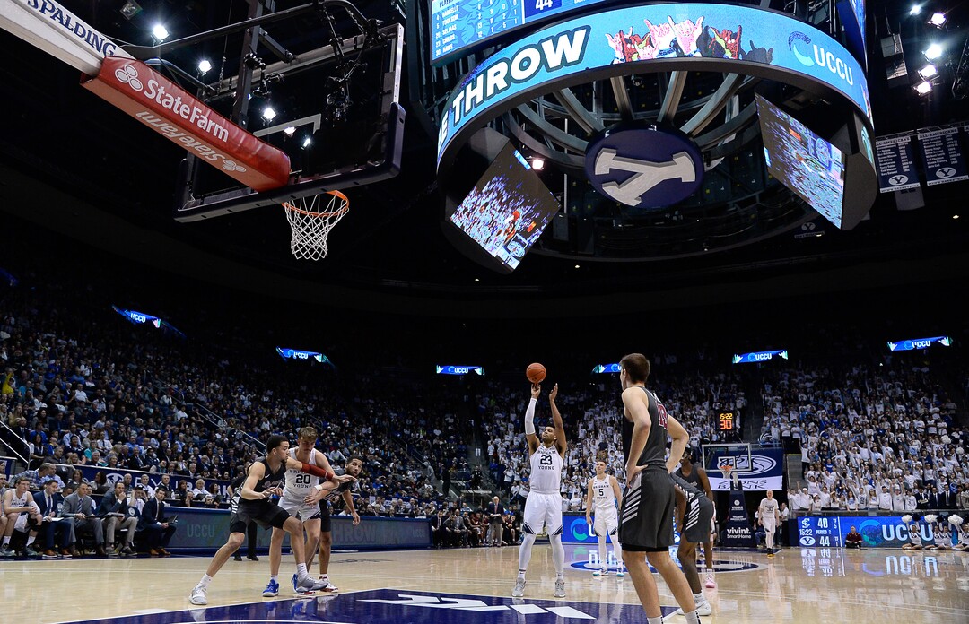 (Francisco Kjolseth  |  The Salt Lake Tribune) Brigham Young Cougars forward Yoeli Childs (23) takes a turn at the free throw line in the second half as the Brigham Young Cougars host the Santa Clara Broncos at the Marriott Center in Provo, Thursday, Feb. 20, 2020. BYU won 85-75.