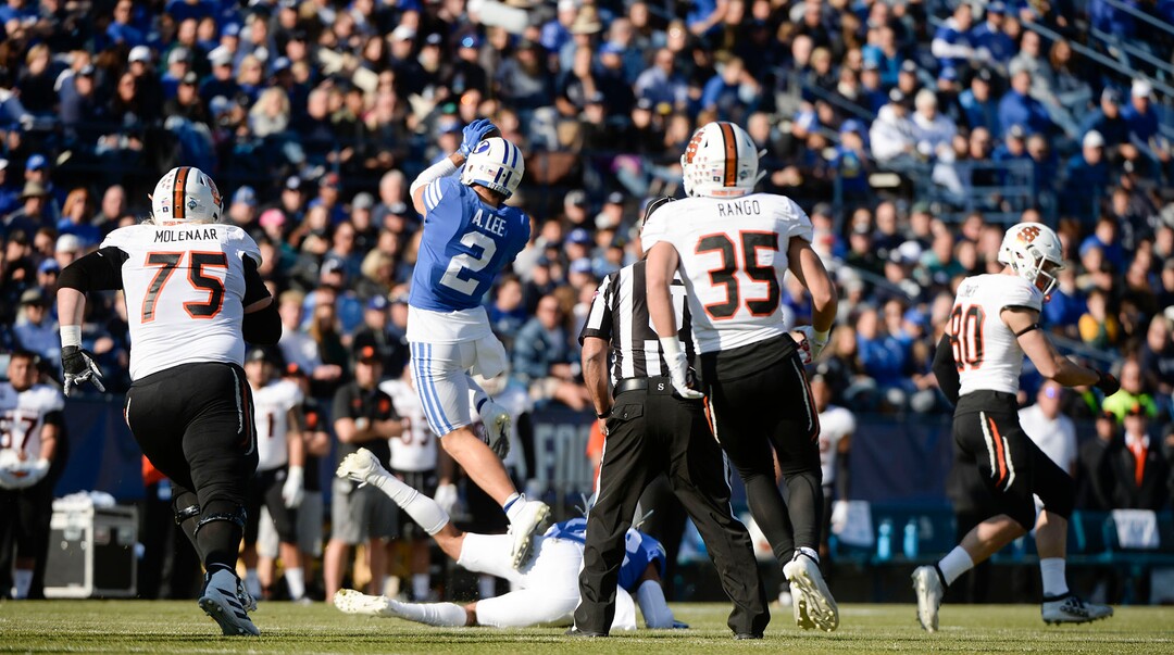 (Leah Hogsten  |  The Salt Lake Tribune) Brigham Young Cougars defensive back Austin Lee (2) makes an interception and the first touchdown of the game as Brigham Young University takes on Idaho State, Saturday, Nov. 16, 2019 at LaVell Edwards Stadium.