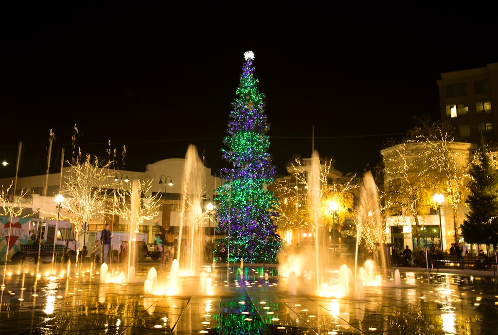 (Rick Egan  |  The Salt Lake Tribune) The Christmas tree at the Gateway is lit up during the 16th annual "Light Up The Night" Christmas tree lighting party, Saturday, November 19, 2016.