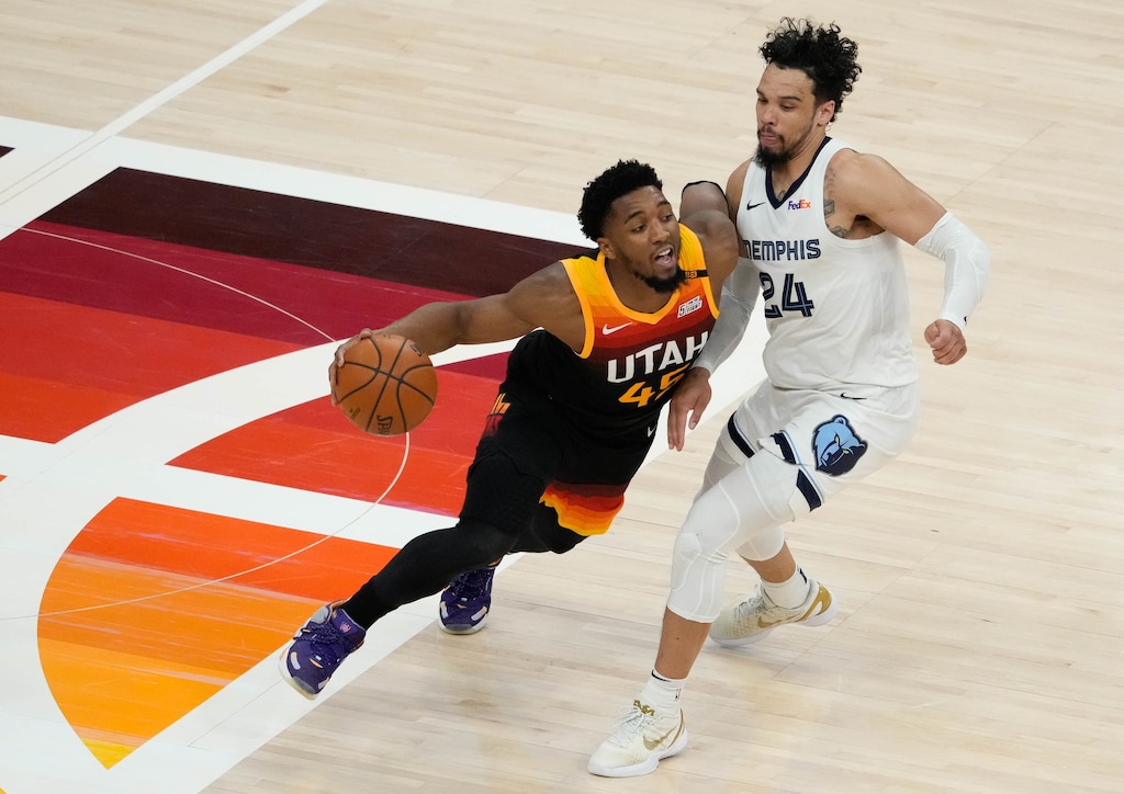 (Francisco Kjolseth | The Salt Lake Tribune) Utah Jazz guard Donovan Mitchell (45) pushes past Memphis Grizzlies forward Dillon Brooks (24) in the second half of Game 5 of an NBA basketball first-round playoff series Wednesday, June 2, 2021, in Salt Lake City, UT.