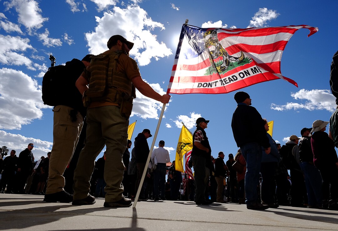 (Francisco Kjolseth  |  The Salt Lake Tribune) Josh Hall of Clearfield joins hundreds of pro gun proponents gather at the Utah Capitol in Salt Lake City on Saturday, Feb. 8, 2020, in response to recent proposals from legislators, including red-flag laws, universal background checks and the elimination of private transfers.