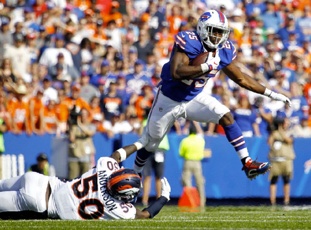 Jeffrey T. Barnes | The Associated Press. Buffalo Bills running back LeSean McCoy, top, leaves out of a tackle from Denver Broncos inside linebacker Zaire Anderson (50) during the second half of an NFL football game, Sunday, Sept. 24, 2017, in Orchard Park, N.Y.
