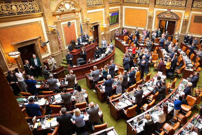 (Trent Nelson | The Salt Lake Tribune)
Representatives in the House Chamber applaud Clint Spendlove, who turned 102 years old this week, after he led the House in the Pledge of Allegiance, in Salt Lake City on the last day of the 2019 Utah legislative session, Thursday March 14, 2019.