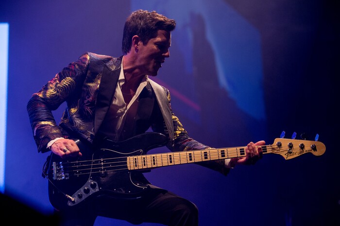 (Photo courtesy of Rob Loud/@robloud) The Killers frontman Brandon Flowers takes over on bass for the song "For Reasons Unknown" at Vivint Smart Home Arena in Salt Lake City on Tuesday, Feb. 6, 2018.