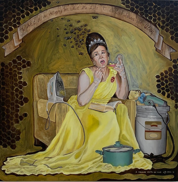 (Photo courtesy of Nancy Andruk Olson) "Beehive State of Mind," created by Kirsten Holt Bietler, is part of the exhibit "Rouge: Utah Women's Voices," which features 30 local female artists who portrayed how they view their roles as a women in Utah today.