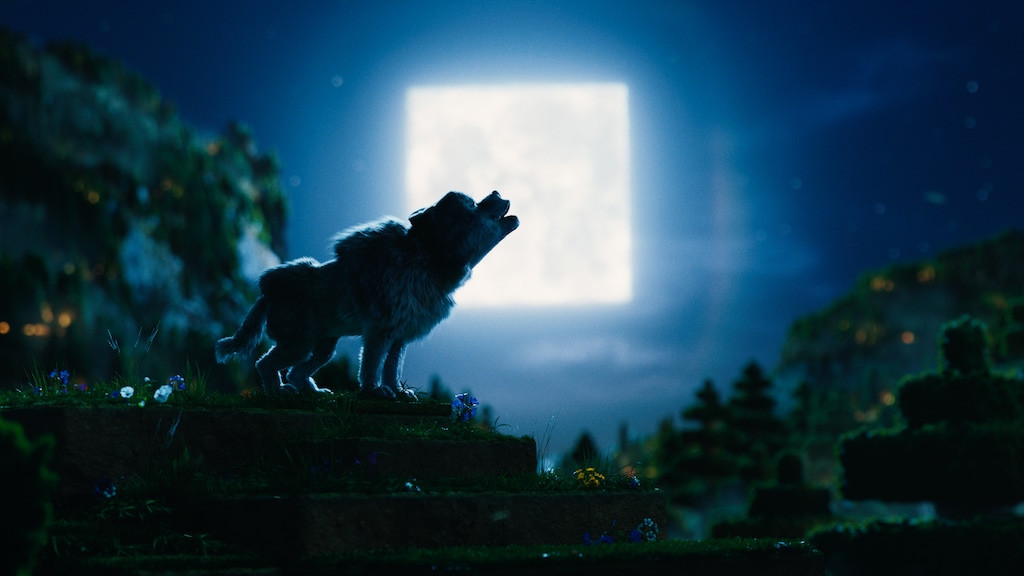 (Warner Bros. Pictures) Dennis, a wolf, howls at a square moon in Overworld, in a scene from "A Minecraft Movie."