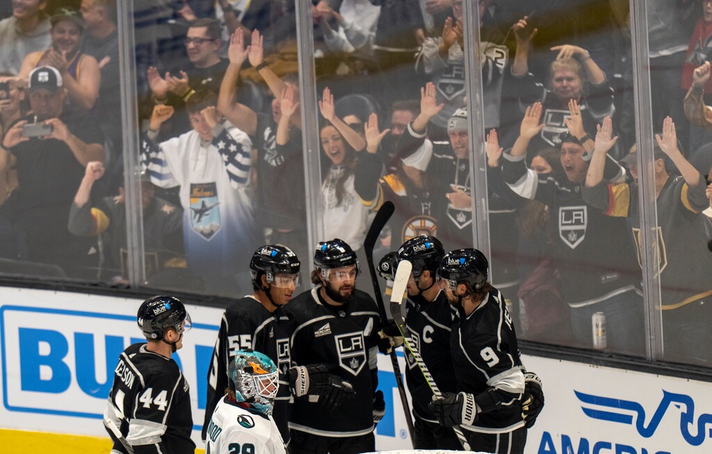 (Rick Egan | The Salt Lake Tribune) Los Angeles Kings fans celebrate after a Kings goal, in Hockey action between the San Jose Sharks and the Los Angeles Kings, at the Delta Center, on Thursday, Oct. 5, 2023.
