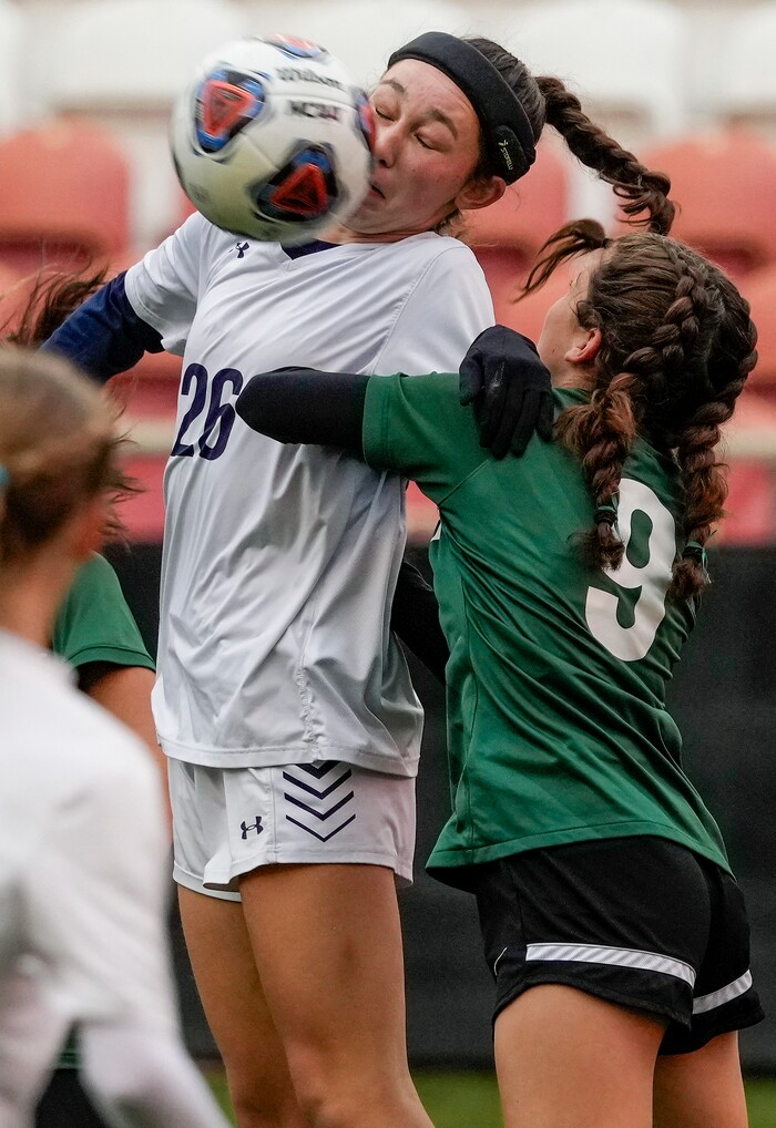 (Leah Hogsten | The Salt Lake Tribune) Waterford's Molly Mascardo tangles with RHSM's Grace Baranko.  Waterford School takes on Rowland Hall-St. Marks High School during their 2A State Soccer Championship game Oct. 23, 2021 at Rio Tinto Stadium.