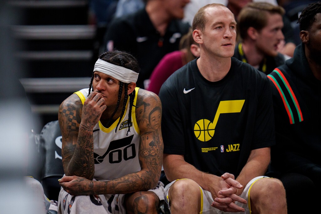 (Trent Nelson  |  The Salt Lake Tribune) Utah Jazz guard Jordan Clarkson (00) and Utah Jazz center Cody Zeller (40) as the Utah Jazz host the Dallas Mavericks, NBA preseason basketball in Salt Lake City on Friday, Oct. 14, 2022.