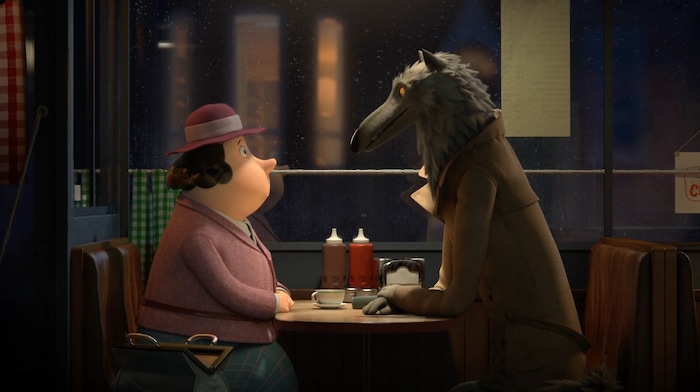 (Courtesy Shorts International) A wolf (right, voiced by Dominic West) shares a few rewritten fairy tales with a babysitter (voiced by Tamsin Greig) in the Roald Dahl adaptation "Revolting Rhymes," one of the five nominated films in the Animated Short Film category of the 90th annual Academy Awards.