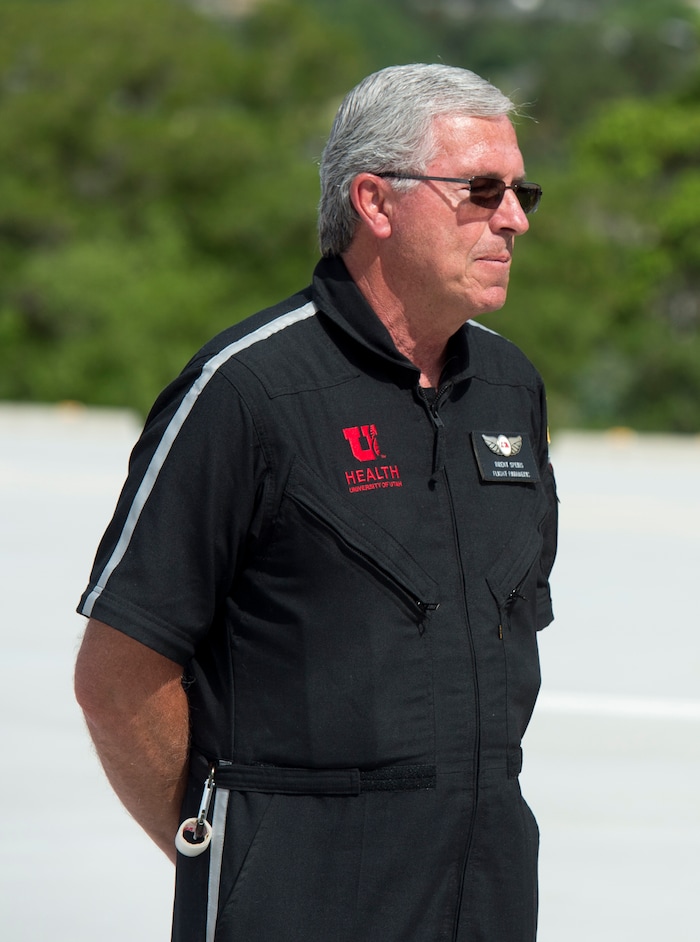 (Rick Egan  |  The Salt Lake Tribune)       Dan Lundergan, University of Utah Brent Speirs, talks about the 35 years he has spent as a paramedic with AirMed and 40 years of live saving care provided by the U of U AirMed crew. The University of Utah serves the single biggest geographic area of any academic medical center in the United States.  
Thursday, May 31, 2018.


