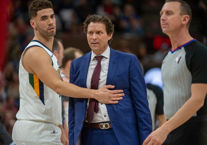 (Rick Egan  |  The Salt Lake Tribune)     Utah Jazz forward Georges Niang (31) restrains Utah Jazz head coach Quin Snyder after controversial call, in NBA action between the Utah Jazz and the Washington Wizards, in Salt Lake City, Friday, February 28, 2020