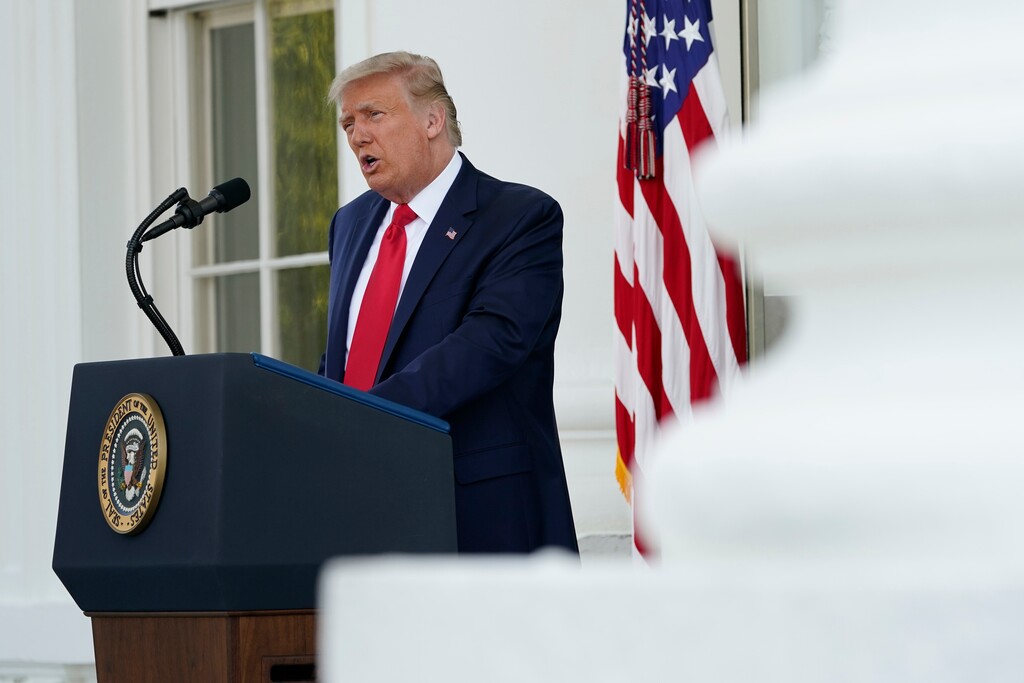 (Patrick Semansky | AP) President Donald Trump speaks during a news conference on the North Portico of the White House, Monday, Sept. 7, 2020, in Washington.