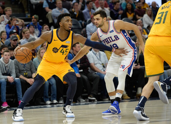 (Francisco Kjolseth  |  The Salt Lake Tribune)  Utah Jazz guard Donovan Mitchell (45) goes up against former Jazz man Philadelphia 76ers guard Raul Neto (19) as the Utah Jazz host the Philadelphia 76ers in their NBA basketball game at Vivint Smart Home Arena in Salt Lake City on Wednesday, Nov. 6, 2019.