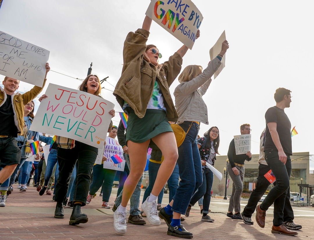 (Leah Hogsten  |  The Salt Lake Tribune)  Brigham Young University LGBTQ students took their concerns about the schoolÕs policy reversal regarding romantic behavior by same-sex couples to The Church of Jesus Christ of Latter-day Saints office building, Mar. 6, 2020. Despite removing the section on Òhomosexual behaviorÓ from BYU Honor Code last month, The LDS Church has clarified for the first time that same-sex romantic behavior is still Ònot compatibleÓ with the rules at BYU.