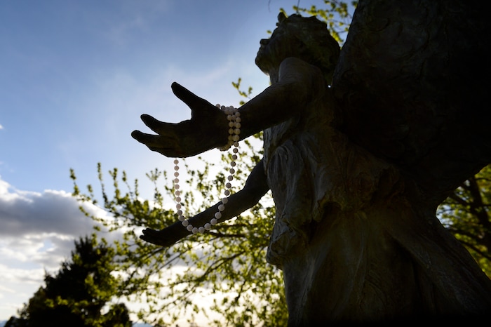 (Scott Sommerdorf | The Salt Lake Tribune)
The Christmas Box Angel at the Salt Lake City Cemetery, Friday, April 13, 2018. The cemetery is historic, beloved by relatives, neighbors, nature and recreation lovers -- and needs about $27 million in repairs, improvements and financial aid. The city is reviewing a master plan to make fixes and improvements. 
