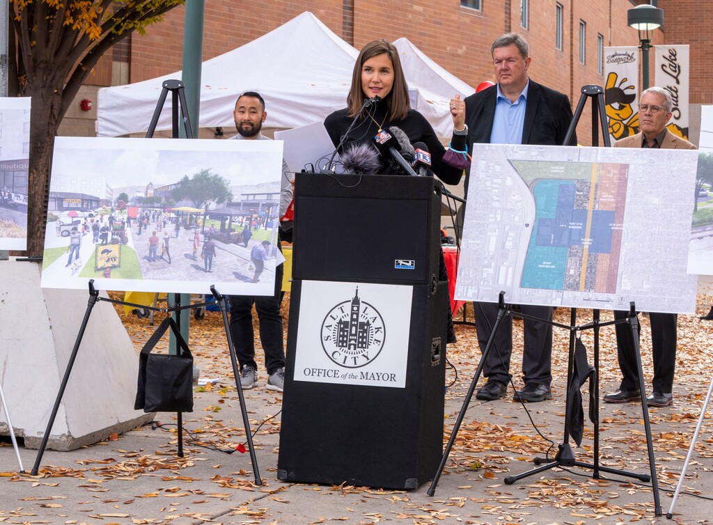 (Rick Egan | The Salt Lake Tribune) Mayor Erin Mendenhall speaks about the long-term vision for the Ballpark district during a news conference Monday, Nov. 1, 2021.