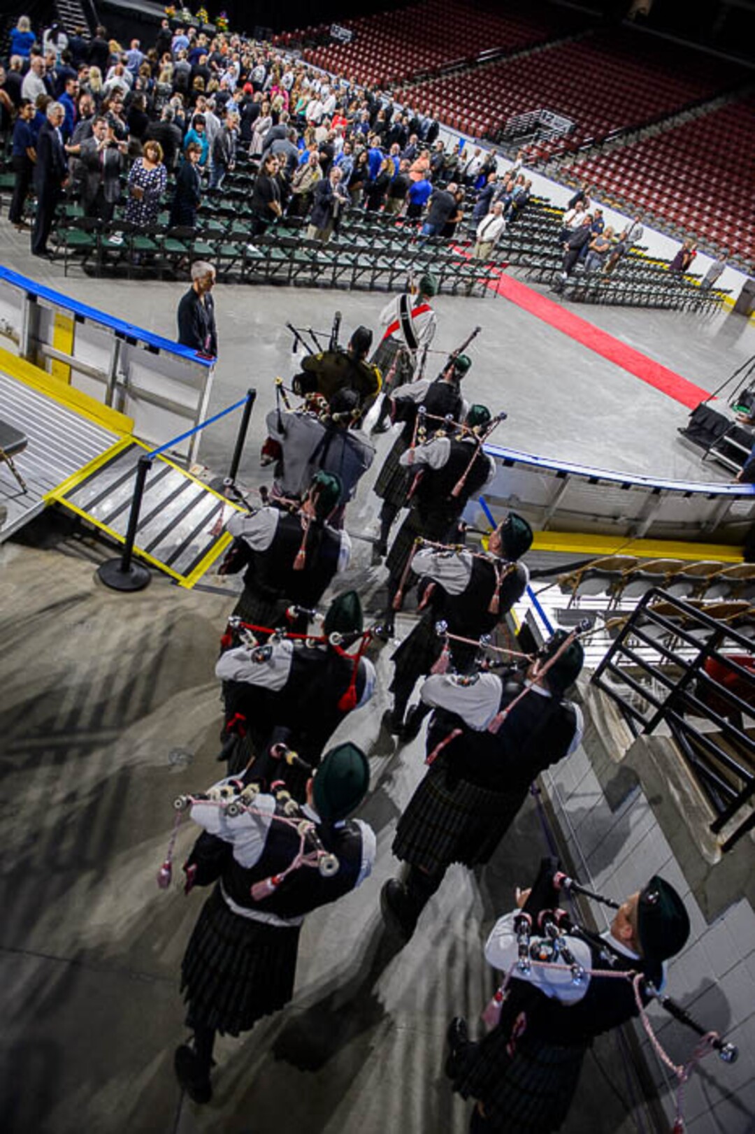 (Trent Nelson | The Salt Lake Tribune)  The Emerald Society Pipe and Drum band at funeral services for Jill Robinson, a West Valley City code-enforcement officer killed on the job last week. The service took place at the Maverik Center in West Valley City on Friday Aug. 17, 2018.