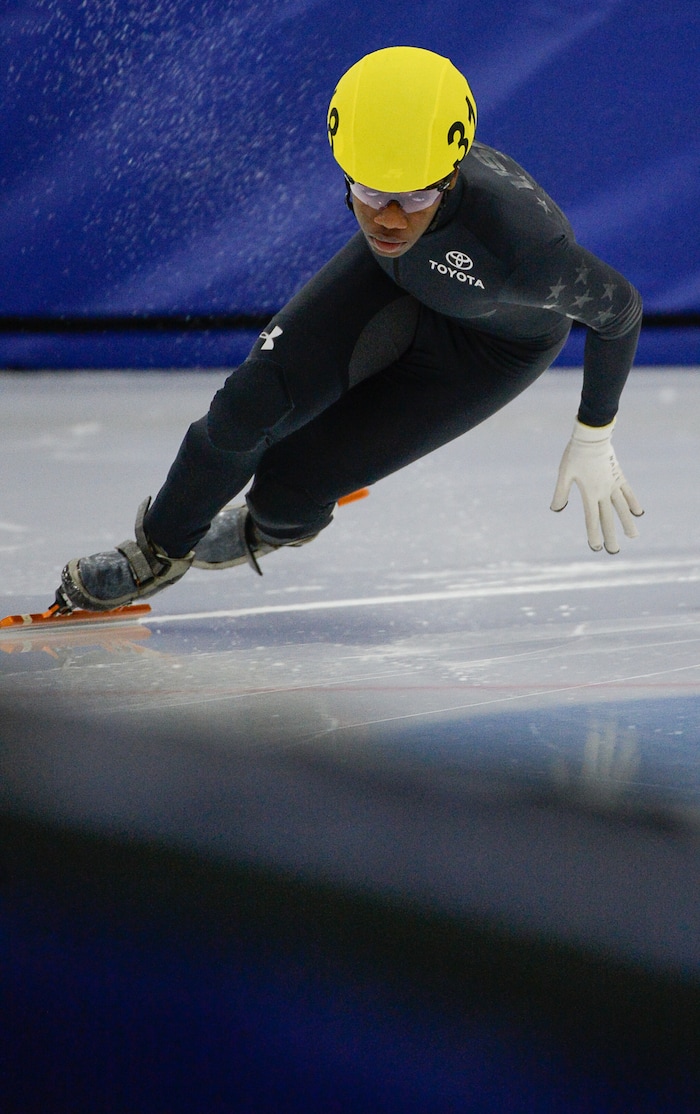 (Francisco Kjolseth  |  The Salt Lake Tribune) Maame Biney competes in the 2000 meter mixed semifinal relay race as part of the U.S. Short Track Speedskating championships on Friday, Jan. 3, 2020, at the Utah Olympic Oval in Kearns.