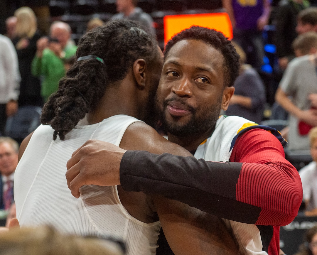 (Rick Egan  |  The Salt Lake Tribune)     Miami Heat guard Dwyane Wade (3) hugs Utah Jazz forward Jae Crowder (99) after the the game between Utah Jazz and Miami Heat, at Vivint Smart Home Arena Wednesday, Dec. 12, 2018.