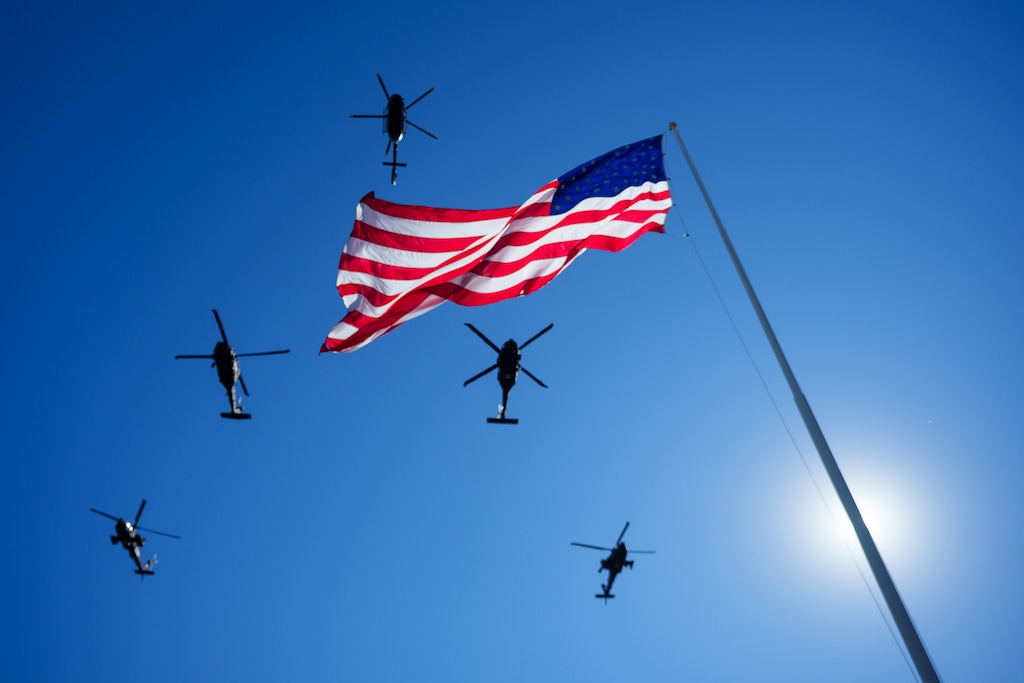 (Trent Nelson | The Salt Lake Tribune) A helicopter flyover during Utah National Guard Governor's Day at Camp Williams in 2023. Top Utah brass have not been invited to the military meeting the defense secretary.
