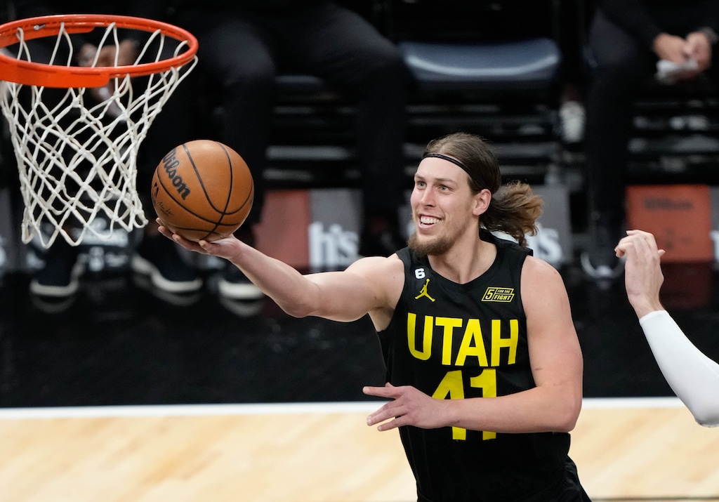 (Francisco Kjolseth | The Salt Lake Tribune) Utah Jazz forward Kelly Olynyk (41) finds an opening as the Utah Jazz take on the Portland Trail Blazers in NBA basketball at Vivint Arena in Salt Lake City on Saturday, Dec. 3, 2022.
