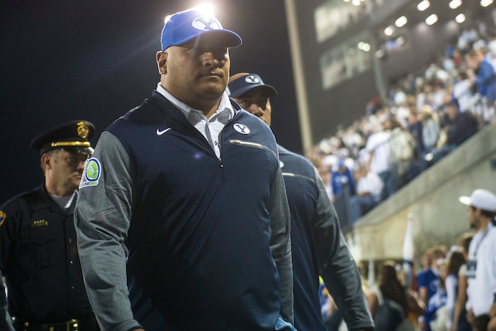 (Chris Detrick  |  The Salt Lake Tribune)  Brigham Young Cougars head coach Kalani Sitake walks off of the field during the game at Merlin Olsen Field at Maverik Stadium Friday, September 29, 2017.