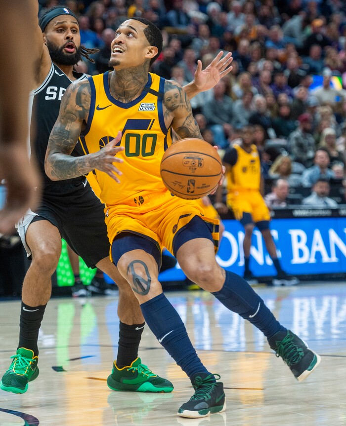 (Rick Egan  |  The Salt Lake Tribune)    
Utah Jazz guard Jordan Clarkson (00) takes the ball to the hoop, in NBA action between the Utah Jazz and the San Antonio Spurs, in Salt Lake City, Friday, Feb. 21, 2020.