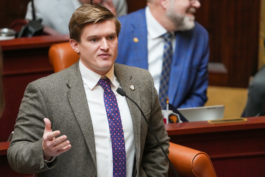 (Chris Samuels | The Salt Lake Tribune) Rep. Tyler Clancy, R-Provo, who is sponsoring the proposed bill to sell the Utah State Hospital property, speaks on the House floor at the Capitol, Friday, Jan. 19, 2024.