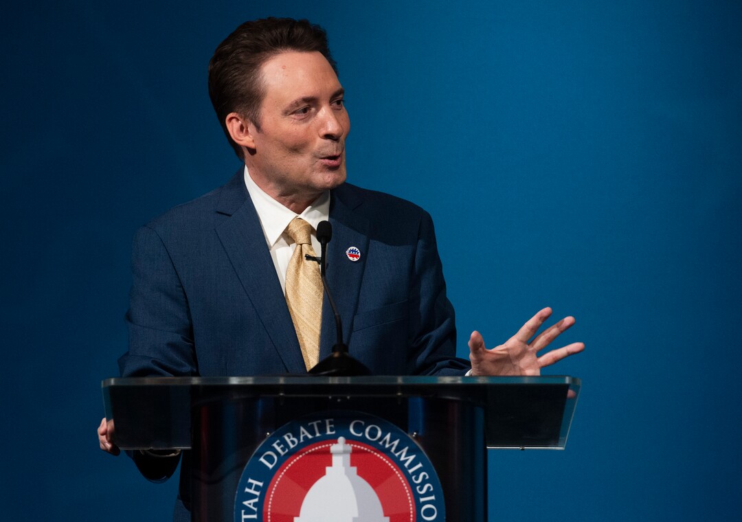 (Rick Egan  |  The Salt Lake Tribune)    J. Robert Latham (L) speaks during the 2nd Congressional District debate between J. Robert Latham (L), Chris Stewart (R) and Kael Weston (D), at KSL Studio in Salt Lake City, on Monday, October 19, 2020