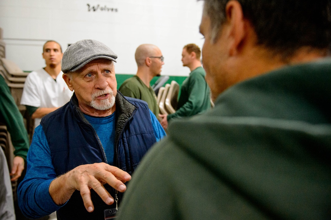 (Trent Nelson  |  The Salt Lake Tribune)Frank Lewis, founder of the New Visions Speech Club, talks to an inmate at the Utah State Prison's Promontory facility in Draper on Tuesday Dec. 3, 2019.