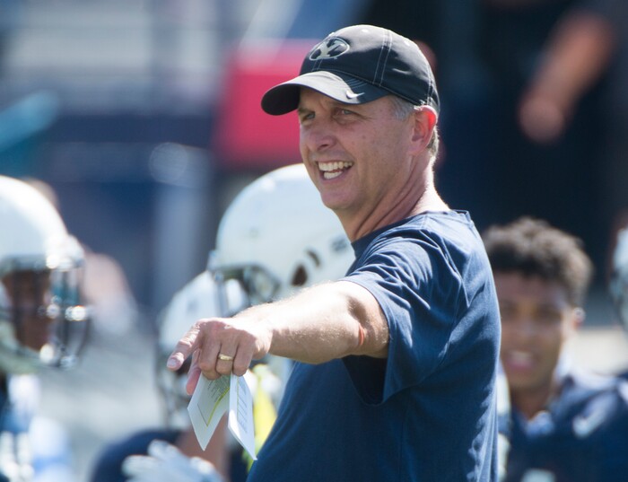 (Rick Egan  |  The Salt Lake Tribune) BYU quarterback coach Ty Detmer, gives instructions, during the Cougars public scrimmage at Lavell Edwards Stadium, Thursday, August 17, 2017.