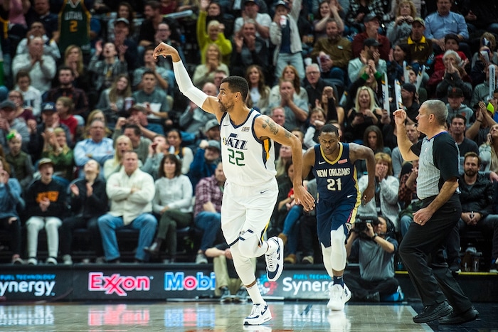 (Chris Detrick  |  The Salt Lake Tribune)  Utah Jazz forward Thabo Sefolosha (22) celebrates after scoring during the game at Vivint Smart Home Arena Friday, December 1, 2017.  Utah Jazz defeated New Orleans Pelicans 114-108.