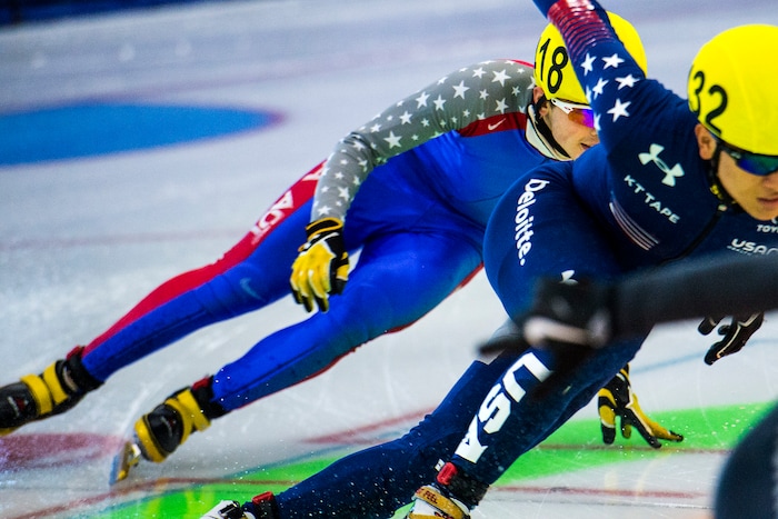 (Chris Detrick  |  The Salt Lake Tribune) John-Henry Krueger (418) and Aaron Tran (432) compete in the US Short Track Fall World Cup Qualifier at the Utah Olympic Oval Saturday, August 19, 2017. 