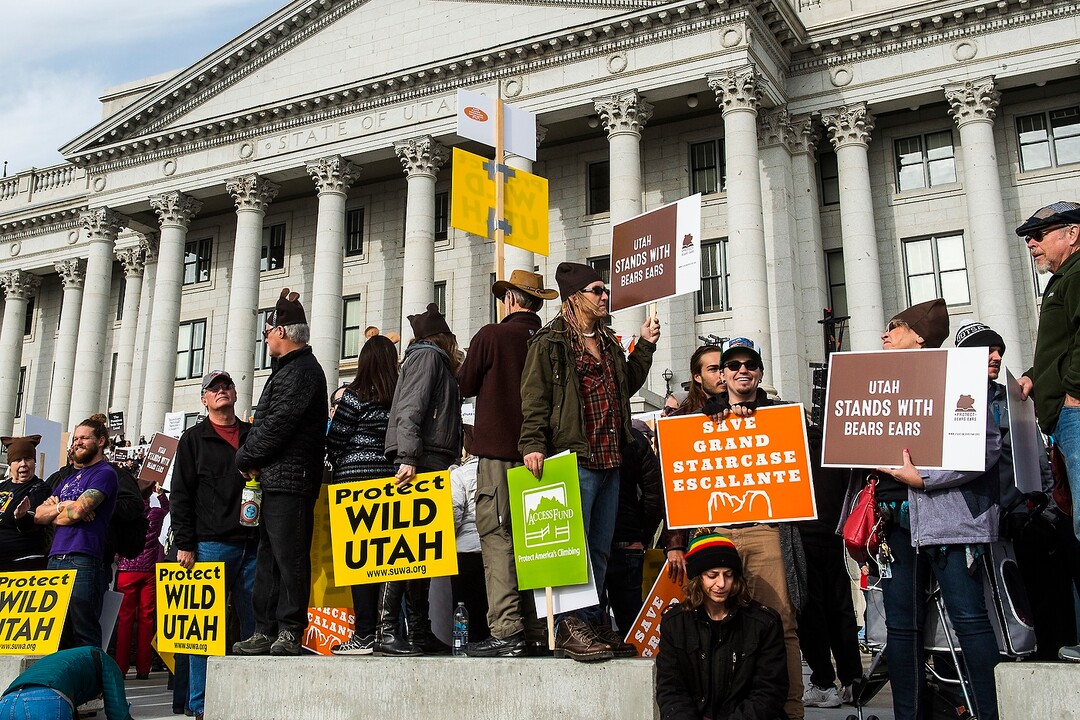(Chris Detrick  |  The Salt Lake Tribune) Supporters of the Bears Ears and Grand Staircase-Escalante National Monuments rally at the Utah State Capitol Wednesday, February 24, 2016.  