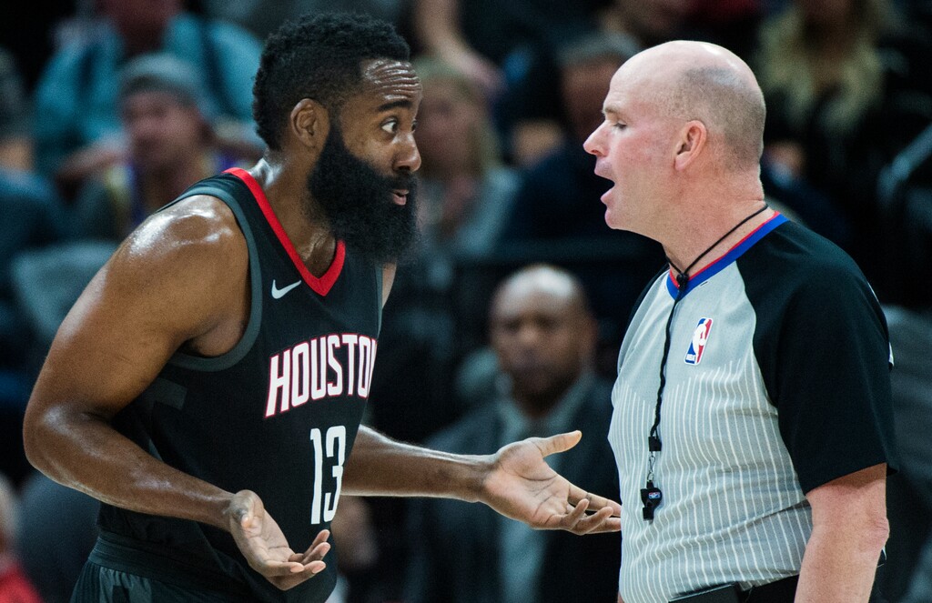 (Rick Egan  |  The Salt Lake Tribune)  Houston Rockets guard James Harden (13) has a few words with the official, after he was called for a technical foul on the play, in NBA action, Utah Jazz vs Houston Rockets in Salt Lake City, Thursday, December 7, 2017.
