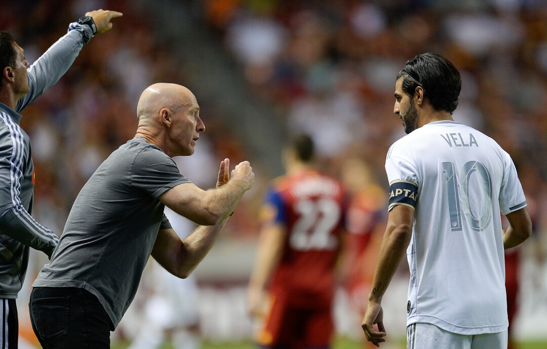 (Francisco Kjolseth  |  The Salt Lake Tribune)  Los Angeles coach Bob Bradley speaks with Los Angeles FC forward Carlos Vela (10) as Real Salt Lake hosts Los Angeles FC at Rio Tinto Stadium in Sandy on Saturday, Aug. 17, 2019.