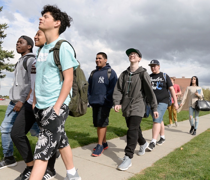 (Al Hartmann  |  The Salt Lake Tribune) 	
Over one hundred students at Highland High School staged a walkout Friday April 20, 2018 in honor of the anniversary of the Columbine High School massacre. Demonstrators walked from the school to Sugar House Park where they made posters, wrote letters to their congressmen and listened to speakers. 