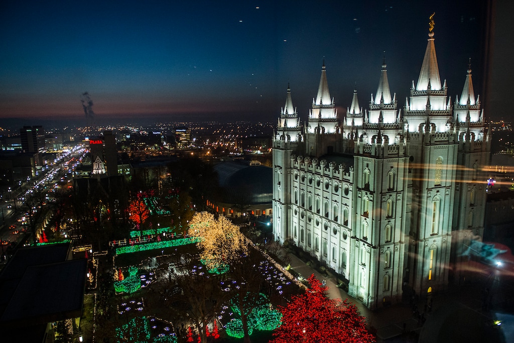(Chris Detrick  |  The Salt Lake Tribune) The Christmas lights on Temple Square on Friday, Nov. 29, 2013.  The first year the lights were put up on Temple Square was in 1965. The lights will run through the end of the year.