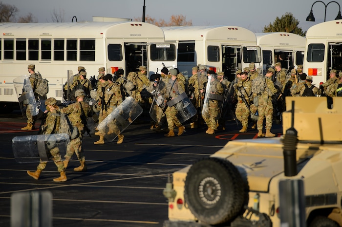 (Trent Nelson | The Salt Lake Tribune) National Guard troops arrive at the state Capitol in Salt Lake City on Sunday, Jan. 17, 2021.