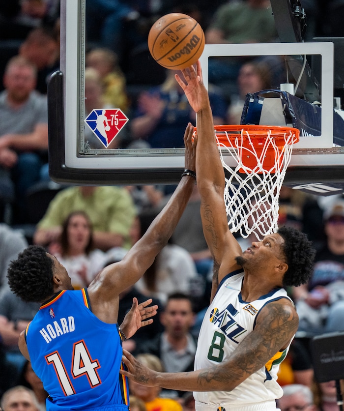 (Rick Egan | The Salt Lake Tribune) Utah Jazz forward Rudy Gay (8) blocks a shot by Oklahoma City Thunder forward, Jaylen Hoard (14),  in NBA action between the Utah Jazz and the Oklahoma City Thunder at Vivint Arena, on Wednesday, April 6, 2022.
