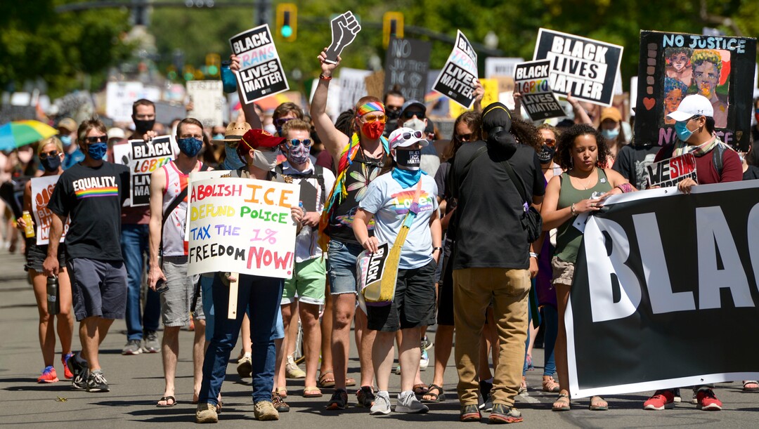(Leah Hogsten  |  The Salt Lake Tribune) Over 1,000 Pride for Black Lives Matter supporters rallied at Liberty Park, Sunday, June 14, 2020 for over three hours before marching throughout Salt Lake City to join the Las Vidas Negras Importan Rally at Washington Square.