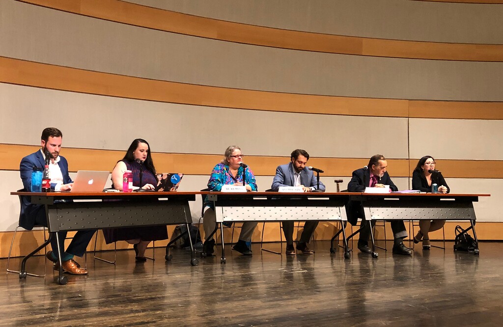 (Rick Egan  |  The Salt Lake Tribune)  Candidates for Utah Democratic Party Chair, Becky Moss, Jeff Merchant, Robert Comstock and Daisy Thomas face each other in a debate with moderators Eric Biggart and Sasha Luks-Morgan, hosted by the Issue and Identity Caucuses of the Utah Democratic Party at the Salt Lake City public library, Thursday, June 6, 2019.