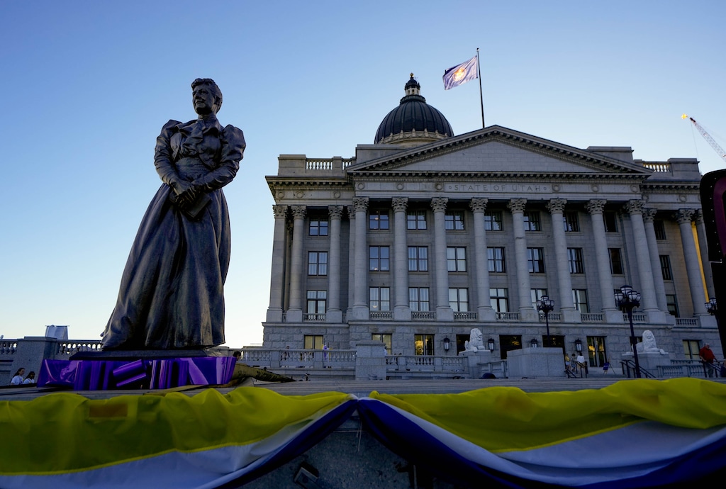 (Francisco Kjolseth  |  The Salt Lake Tribune) A bronze statue of Martha Hughes Cannon stands outside the state Capitol as it gets ready to go to Washington, D.C. during a farewell ceremony on Wednesday, May 5, 2024.