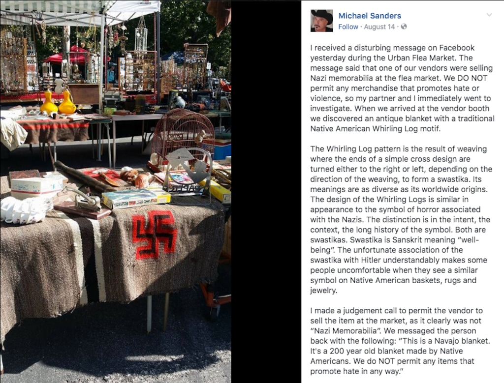 (Screenshot from Facebook) Michael Sanders, who organizes the monthly Urban Flea Market at 600 South between Main Street and West Temple, posted this the day after he received complaints about Nazi paraphernalia being sold at the event.