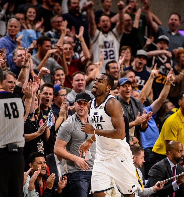 (Trent Nelson | The Salt Lake Tribune)  Utah Jazz guard Alec Burks (10) runs the court after leading a fourth quarter comeback as the Utah Jazz host the Denver Nuggets, NBA basketball in Salt Lake City, Wednesday October 18, 2017.