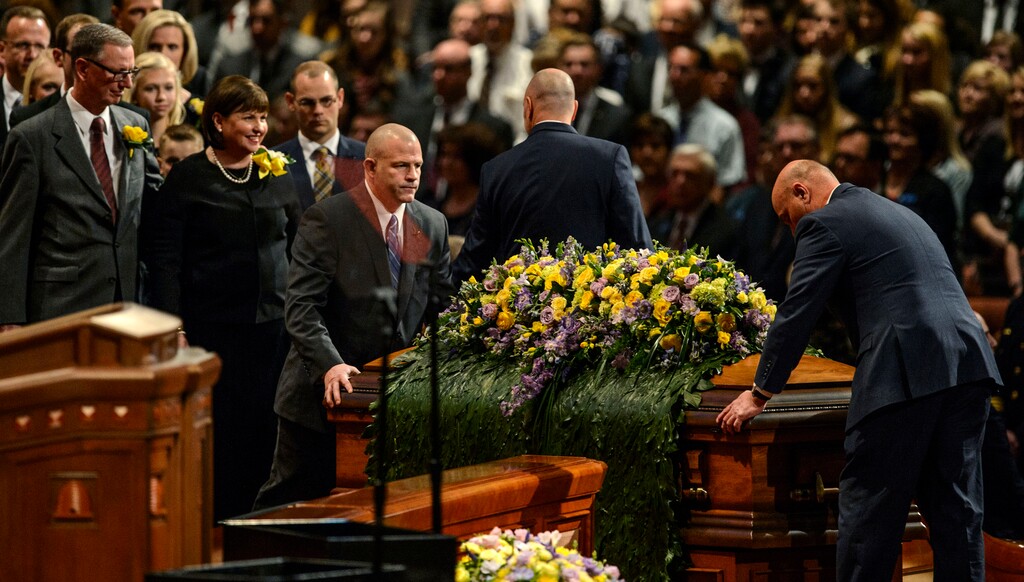(Steve Griffin  |  The Salt Lake Tribune) Ann M. Dibb follows the casket of her father, LDS Church President Thomas S. Monson, into the Conference Center during funeral services in Salt Lake City Friday January 12, 2018. 