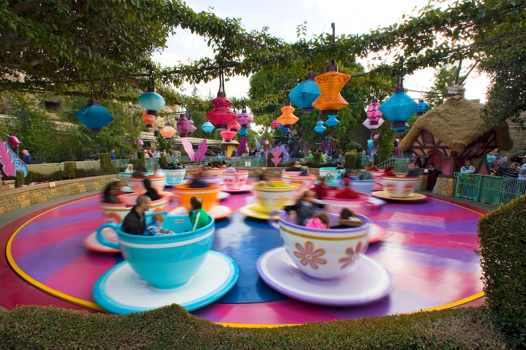 (Photo courtesy Paul Hiffmeyer/Disneyland) Inspired by the classic Disney animated movie, "Alice in Wonderland," the Mad Tea Party attraction at Disneyland re-creates the film's madcap "unbirthday" sequence featuring the Mad Hatter and March Hare's chaotic tea party.
