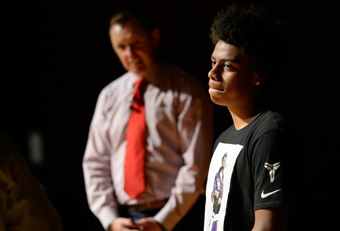 (Francisco Kjolseth  |  The Salt Lake Tribune)  Kearns High sophomore Keeven Wilson, 16, is announced as the Granite School District's Absolutely Incredible Kid award winner during the school farewell assembly on Tuesday, May 22, 2018. Wilson who had a particularly difficult home life, to the point that he and his siblings were taken away from his parents along with near universal F's during his junior high days, turned his life around.  With the help of a new foster family, teachers and his football coach, he is now an honor roll student and thinking of studying psychology in college.