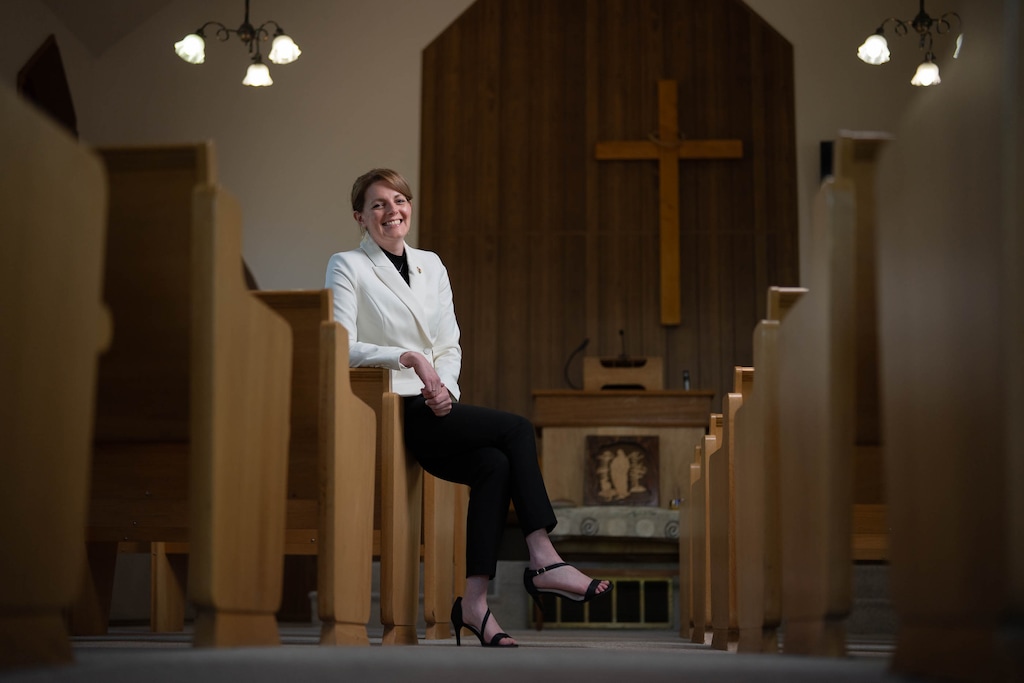 (Francisco Kjolseth  | The Salt Lake Tribune) Michelle Phillips, a Latter-day Saint turned Community of Christ member, poses for a portrait at her parish in Ogden on Wednesday, May 21, 2025. Since joining her new faith, she has been ordained an elder and is the first woman, Utahn and former Latter-day Saint to take on the role known as the Mission Center president for the Inland West Mission. 